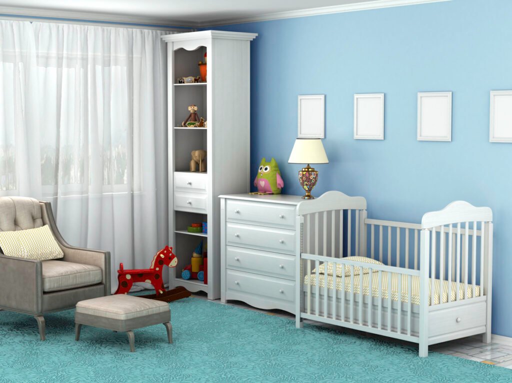 Child's room, where there is a chair, toys, furniture, flooring, frames on the wall